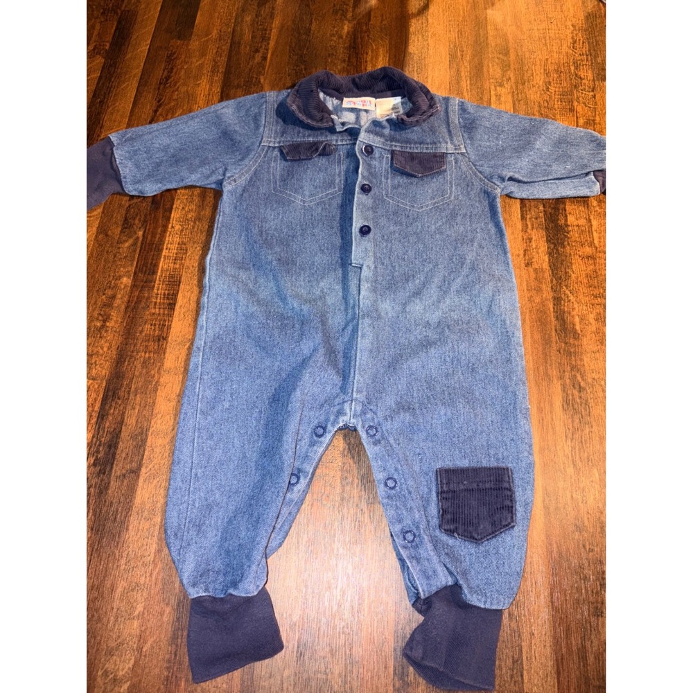 Small Steps Vintage Denim Romper 12 Months Blue Corduroy Trim One Piece Coverall